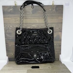 Coach 18673 Poppy Black Liquid Glass Quilted Shoulder Bag Adjustable Chain Strap